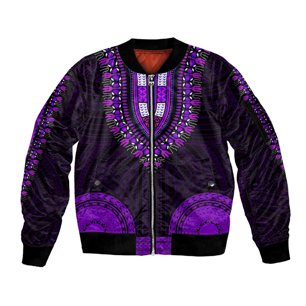 African Dashiki and Polynesian Pattern Sleeve Zip Bomber Jacket Purple LT9