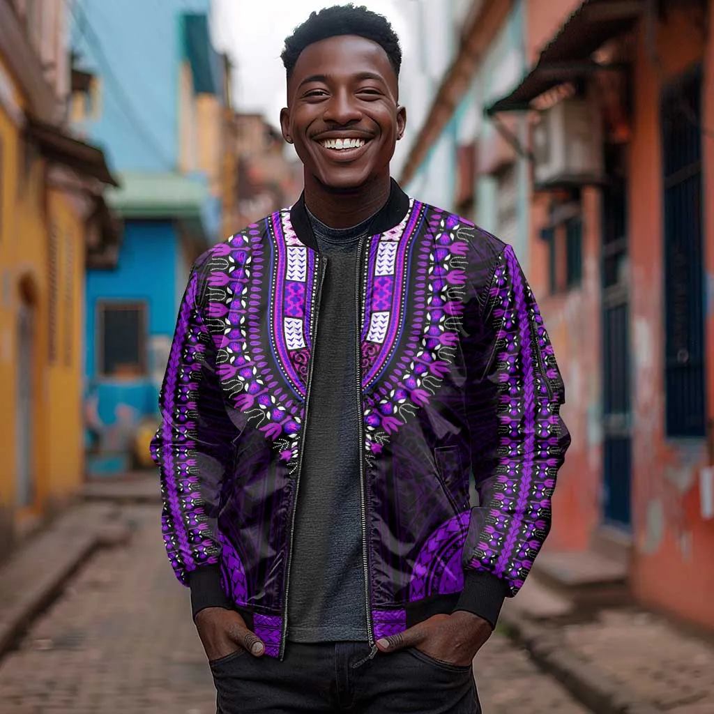 African Dashiki and Polynesian Pattern Sleeve Zip Bomber Jacket Purple LT9