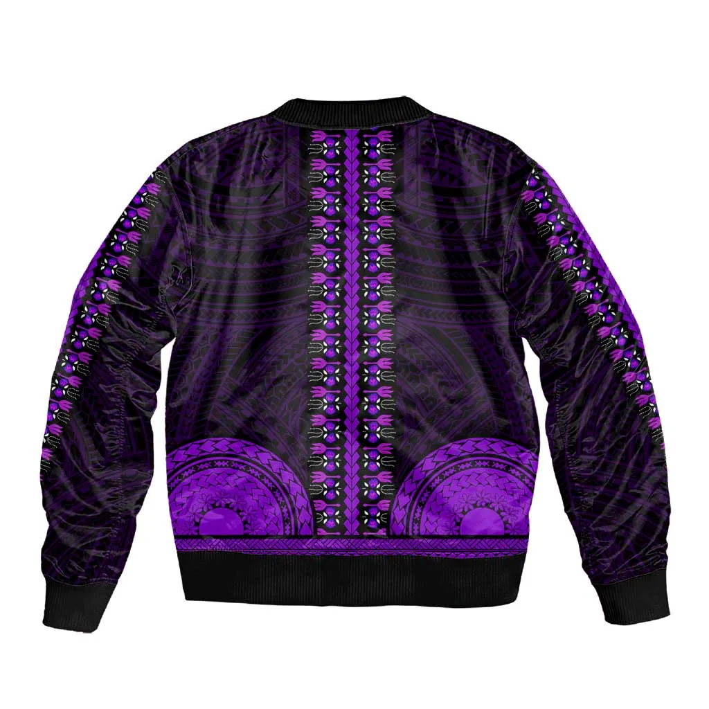 African Dashiki and Polynesian Pattern Sleeve Zip Bomber Jacket Purple LT9