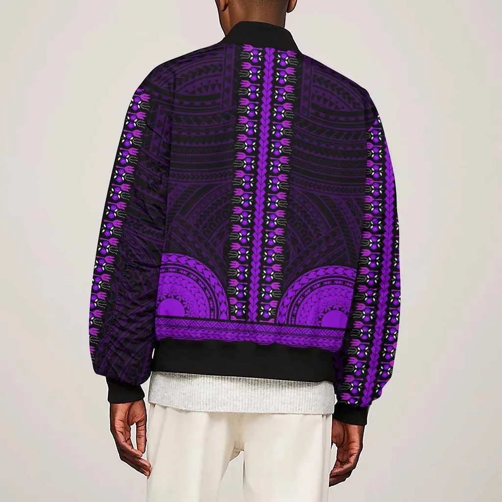 African Dashiki and Polynesian Pattern Sleeve Zip Bomber Jacket Purple LT9