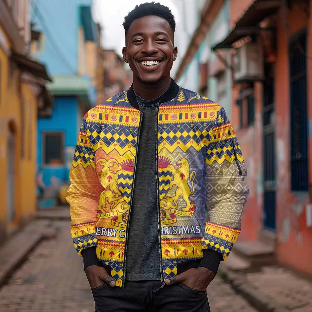 Afro Chad Christmas Sleeve Zip Bomber Jacket Coat Of Arms With African Pattern LT15