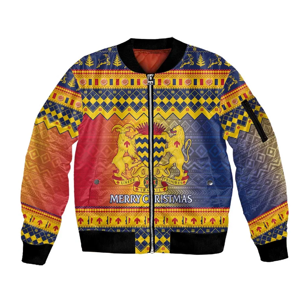 Afro Chad Christmas Sleeve Zip Bomber Jacket Coat Of Arms With African Pattern LT15