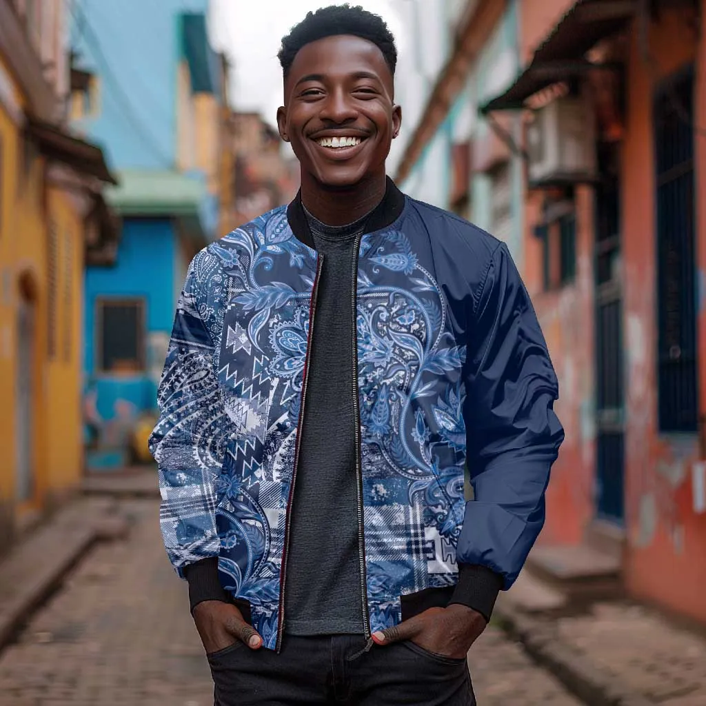 Afro Floral mix Maasai Shuka Bomber Jacket Blue Moitf LT9
