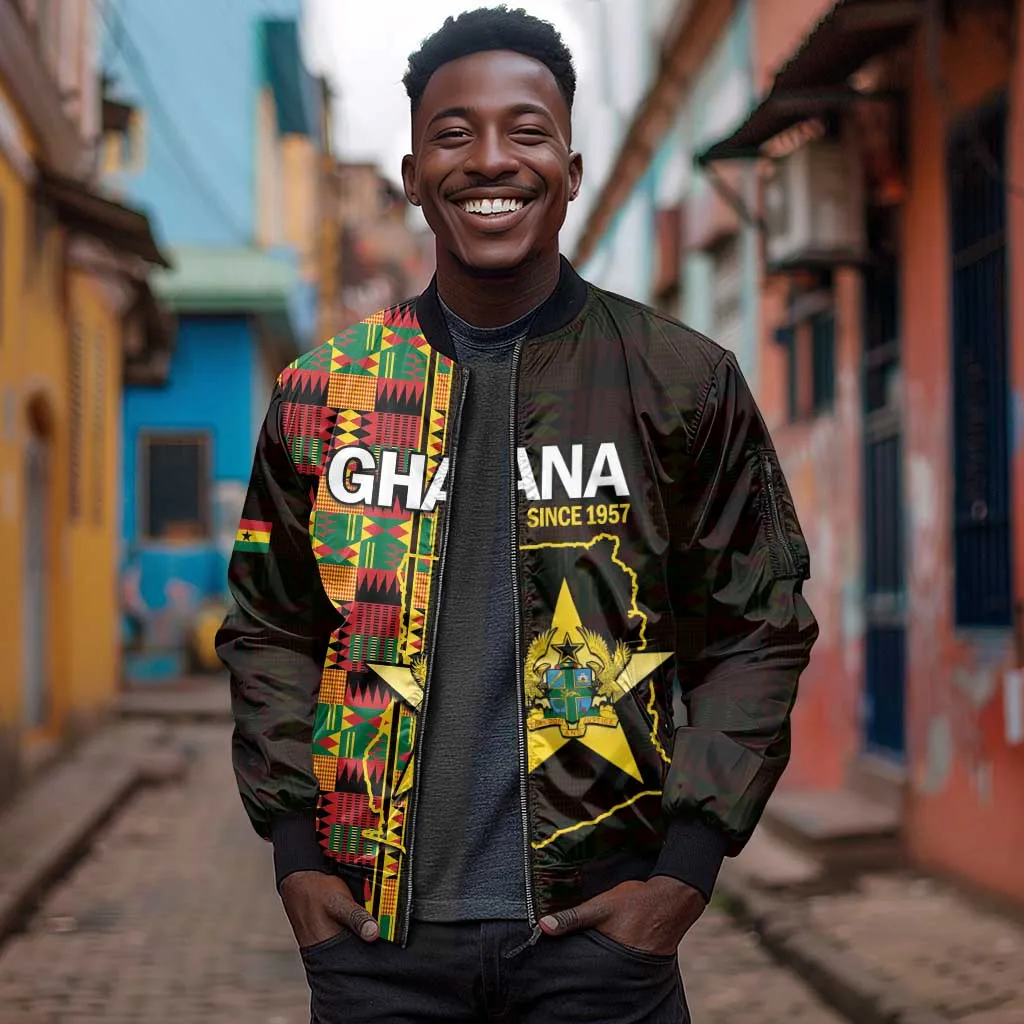 Afro Ghana Independence Day Sleeve Zip Bomber Jacket Ghanaian 1957 Kente Pattern LT14