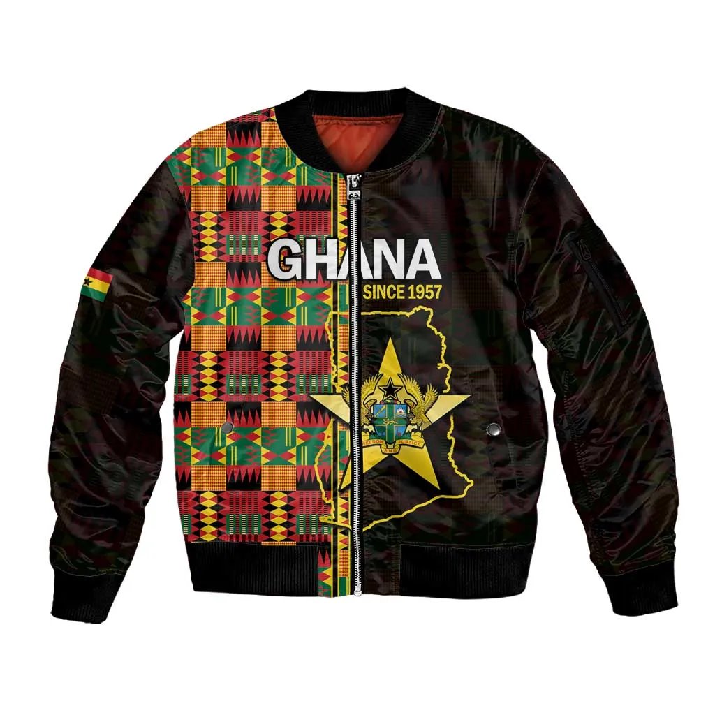 Afro Ghana Independence Day Sleeve Zip Bomber Jacket Ghanaian 1957 Kente Pattern LT14