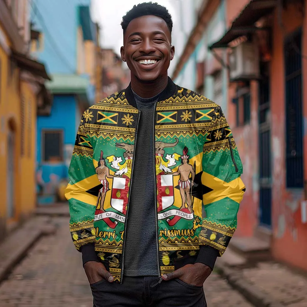 Afro-Jamaicans Sleeve Zip Bomber Jacket Coat Of Arms - Merry Christmas LT15