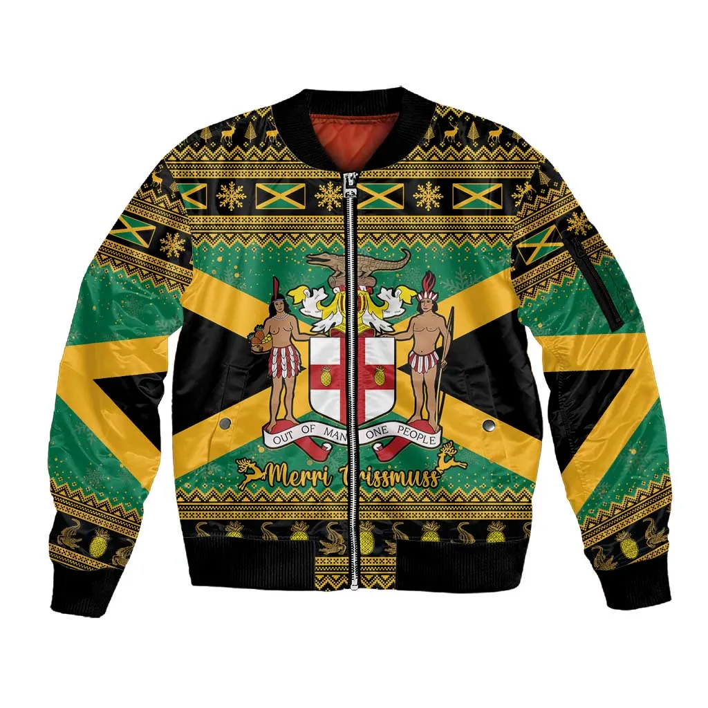 Afro-Jamaicans Sleeve Zip Bomber Jacket Coat Of Arms - Merry Christmas LT15