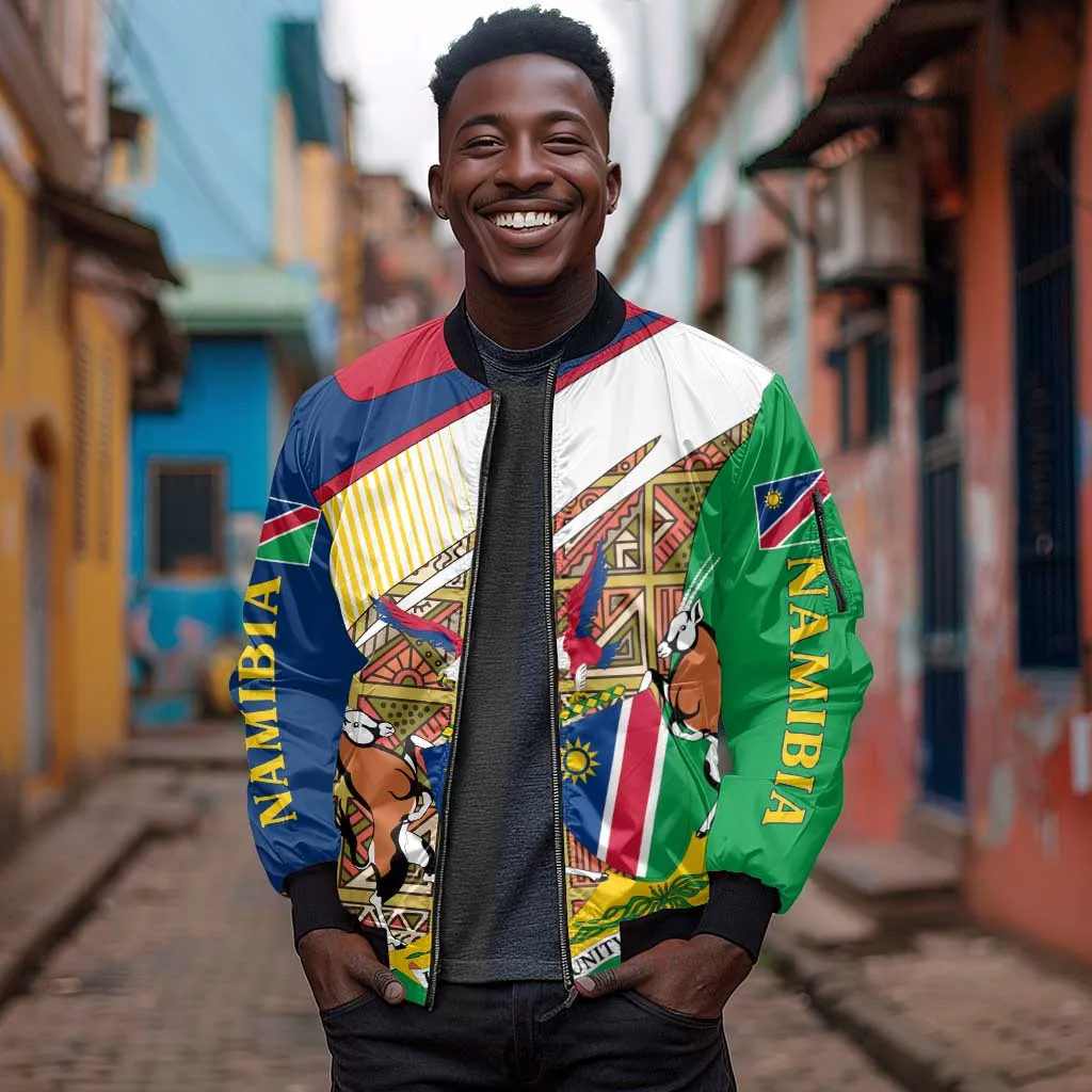 Afro Namibia Map Sleeve Zip Bomber Jacket National Emblem and Cultural Motif Design TS04