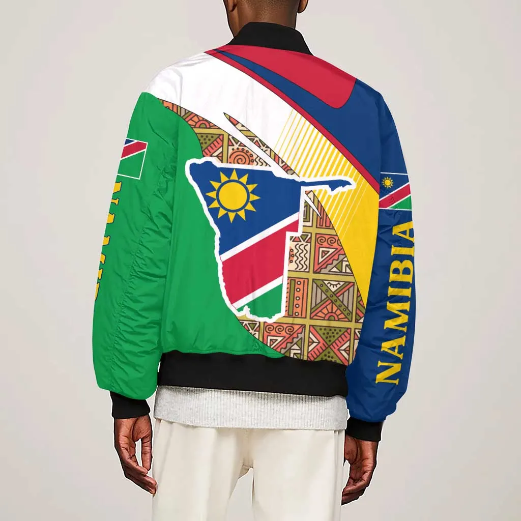 Afro Namibia Map Sleeve Zip Bomber Jacket National Emblem and Cultural Motif Design TS04