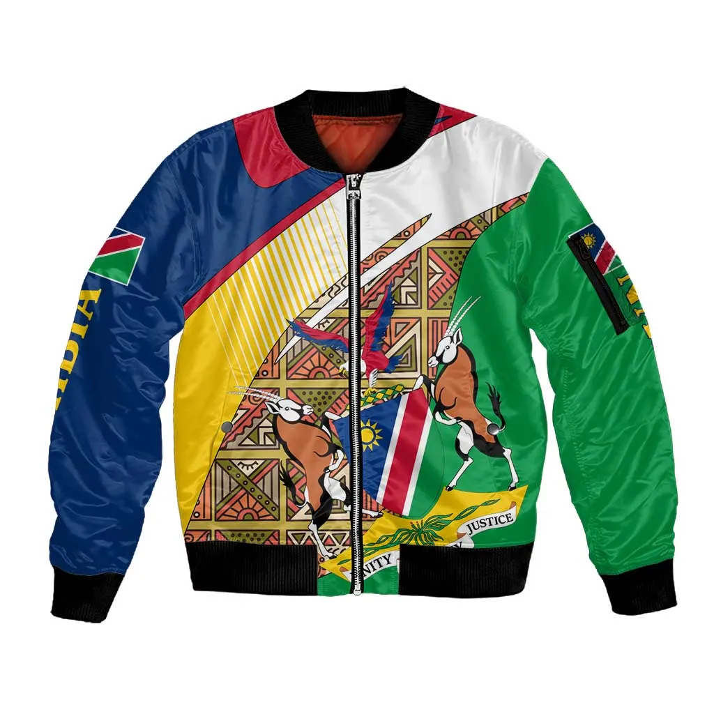 Afro Namibia Map Sleeve Zip Bomber Jacket National Emblem and Cultural Motif Design TS04