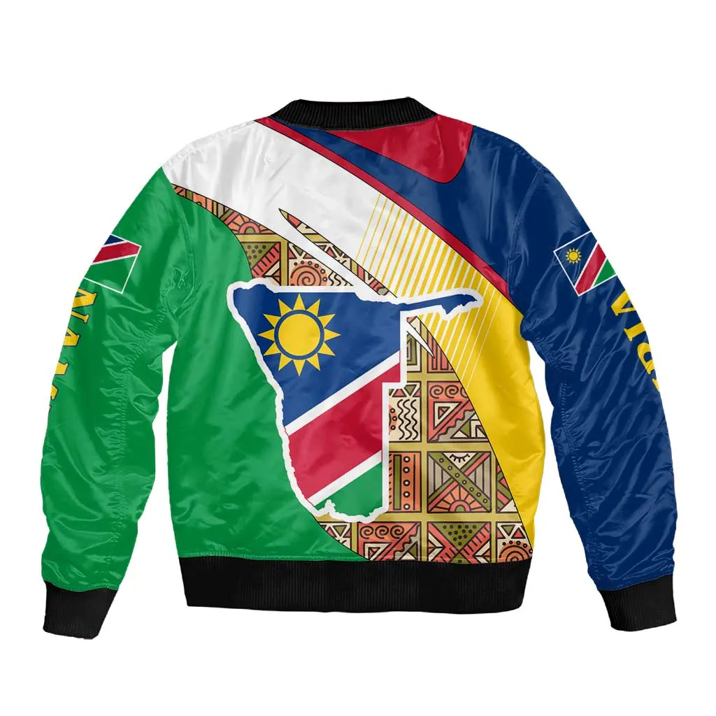 Afro Namibia Map Sleeve Zip Bomber Jacket National Emblem and Cultural Motif Design TS04
