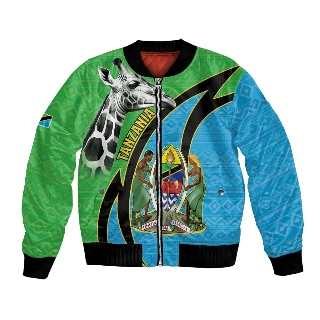 Afro Tanzania Giraffe Bomber Jacket Coat Of Arms Curve Style LT15