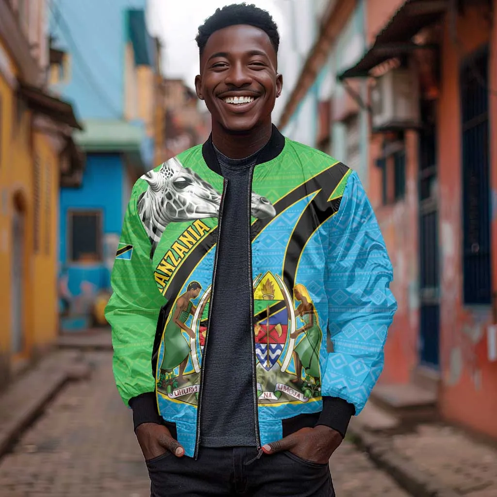Afro Tanzania Giraffe Bomber Jacket Coat Of Arms Curve Style LT15