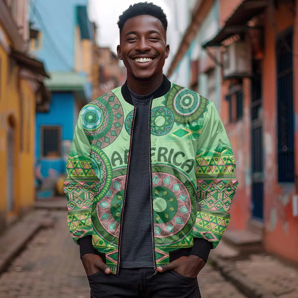 Afro Tribal Traditional Pattern Bomber Jacket Green Motif LT9