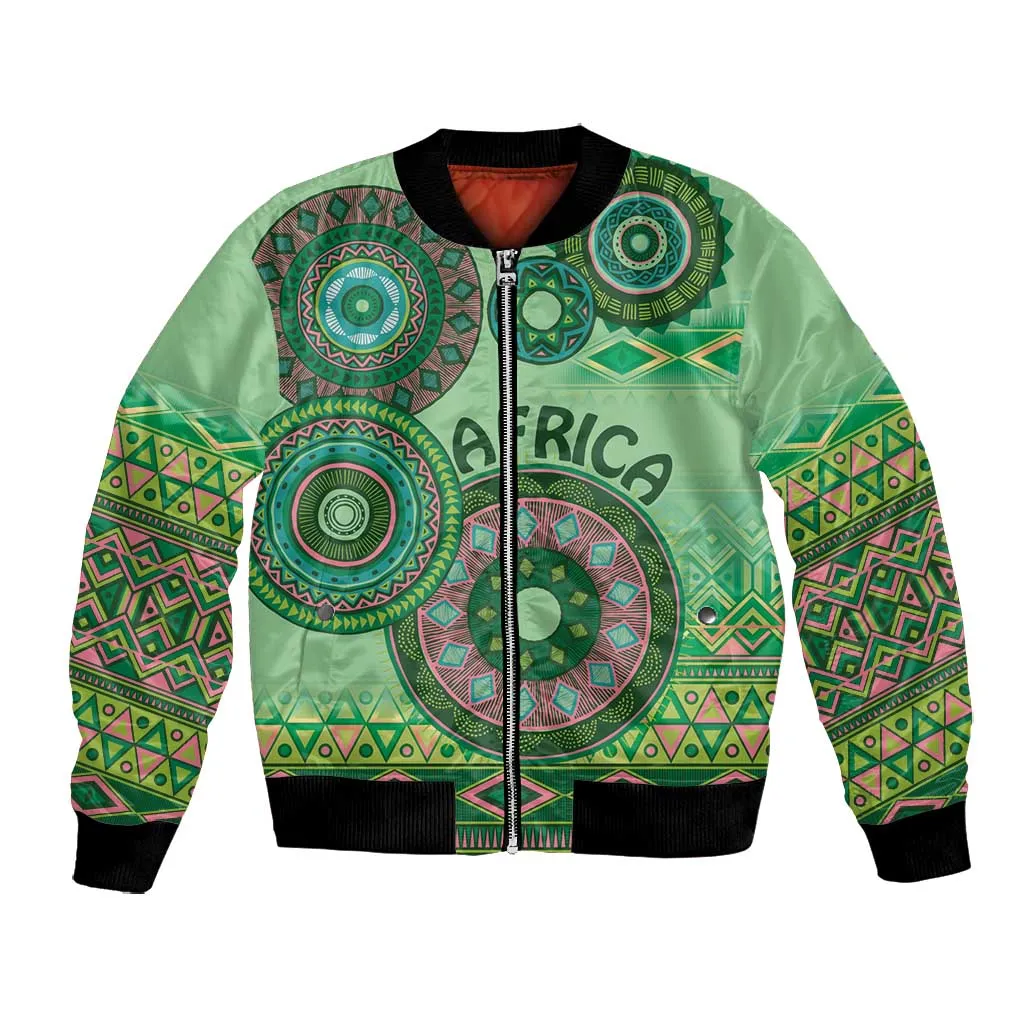 Afro Tribal Traditional Pattern Bomber Jacket Green Motif LT9
