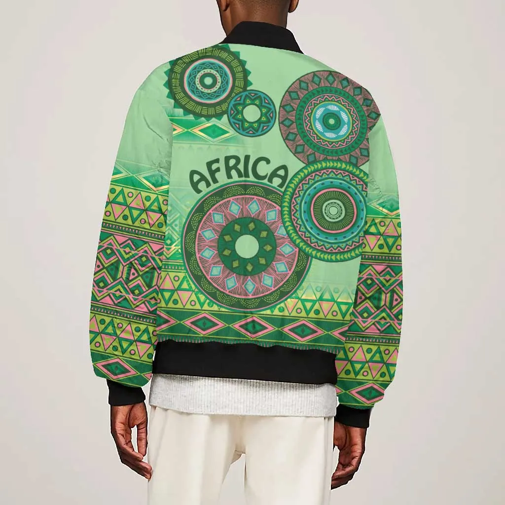 Afro Tribal Traditional Pattern Bomber Jacket Green Motif LT9