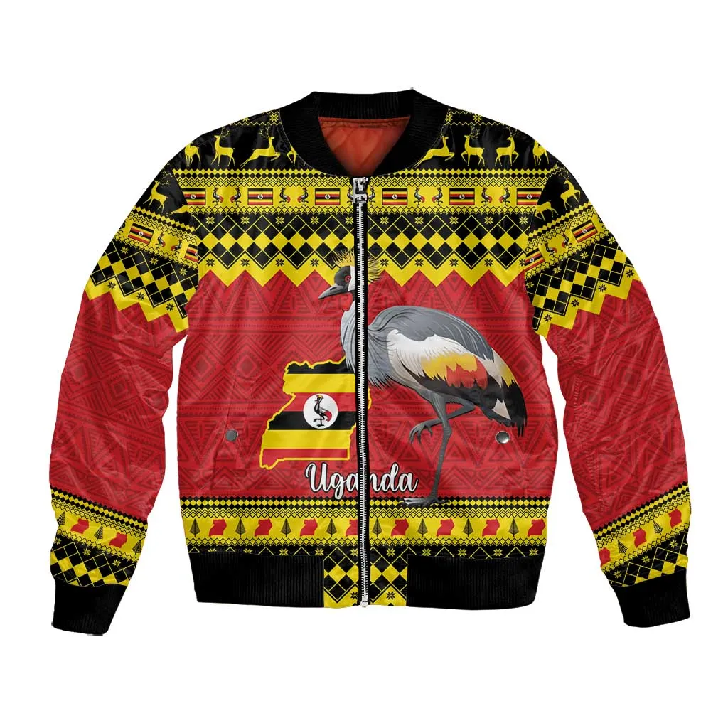Afro Uganda Christmas Bomber Jacket Grey Crowned Crane Sekukkulu Ennugi LT15
