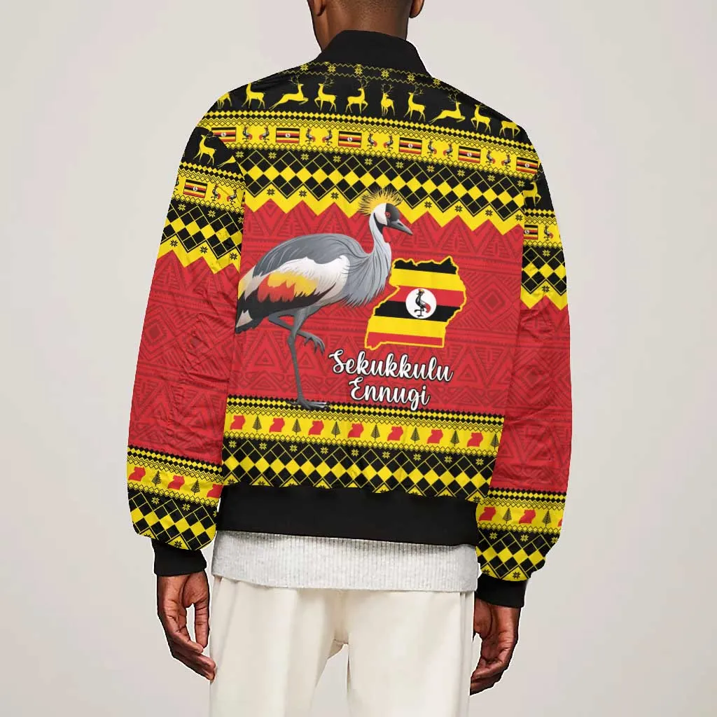 Afro Uganda Christmas Bomber Jacket Grey Crowned Crane Sekukkulu Ennugi LT15