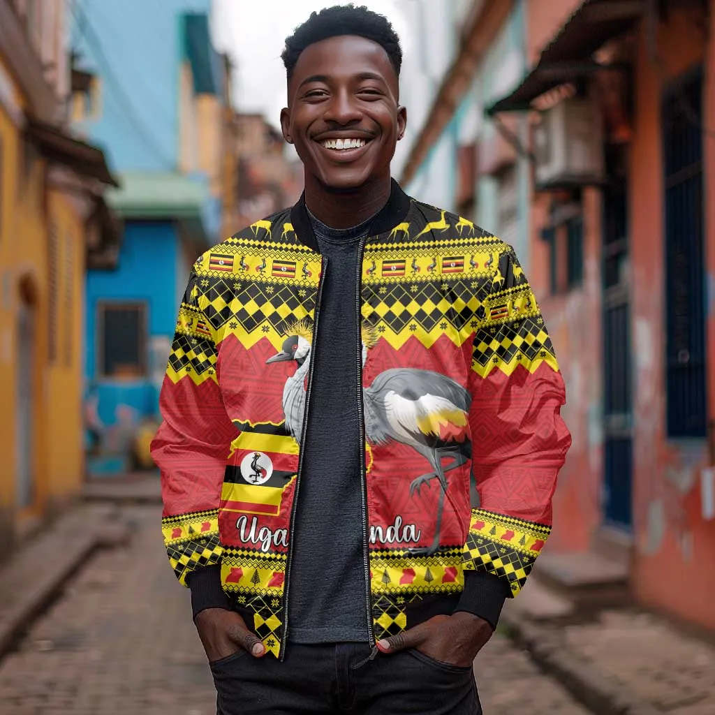 Afro Uganda Christmas Bomber Jacket Grey Crowned Crane Sekukkulu Ennugi LT15