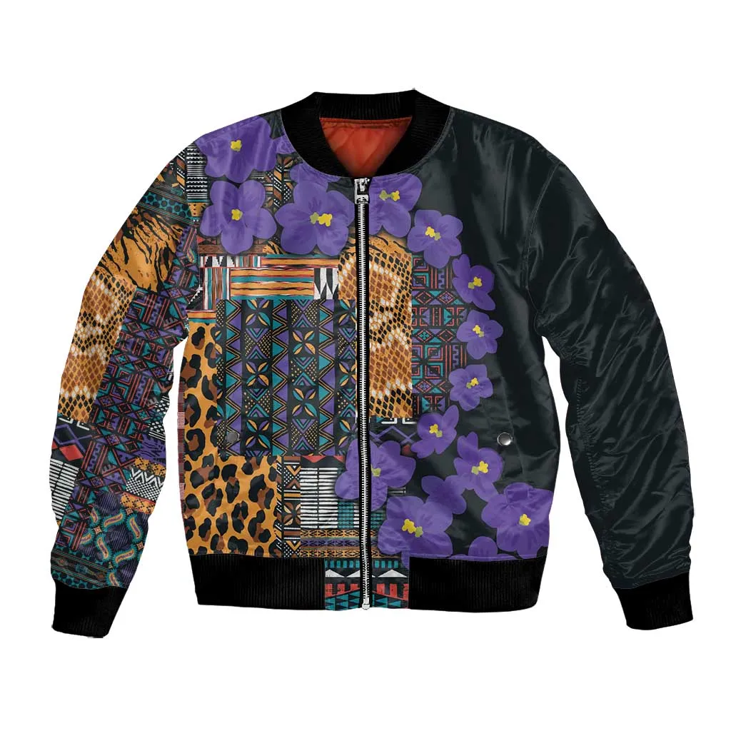 Afro Violets Flowers Bomber Jacket Mix Native Tribal Pattern LT9
