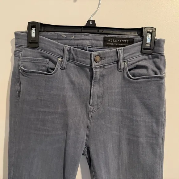 All Saints Grace Slashed Moto Distressed Skinny Jeans Sz 30 mid rise ankle gray