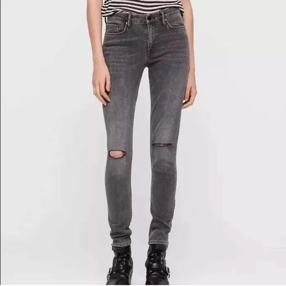 All Saints Grace Slashed Moto Distressed Skinny Jeans Sz 30 mid rise ankle gray