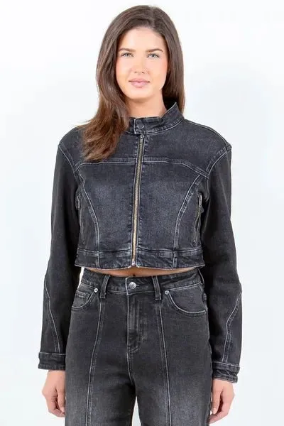 American Bazi Full Size Zip Up Cropped Denim Rider Jacket Plus Size