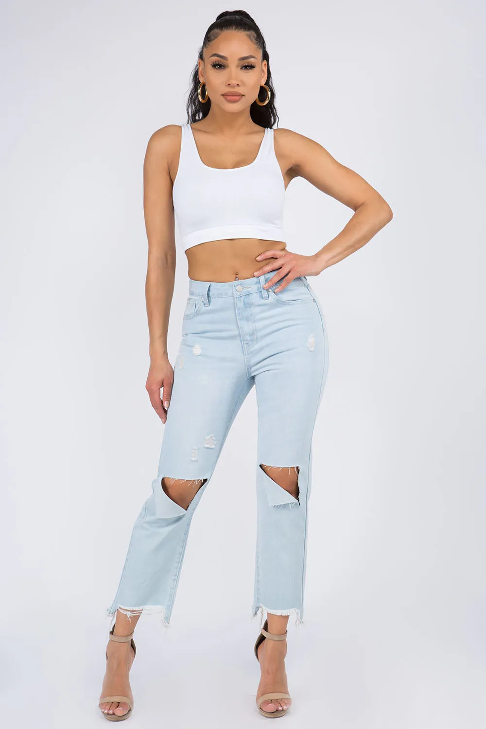 American Bazi High Waist Distressed Raw Hem Jeans for Women