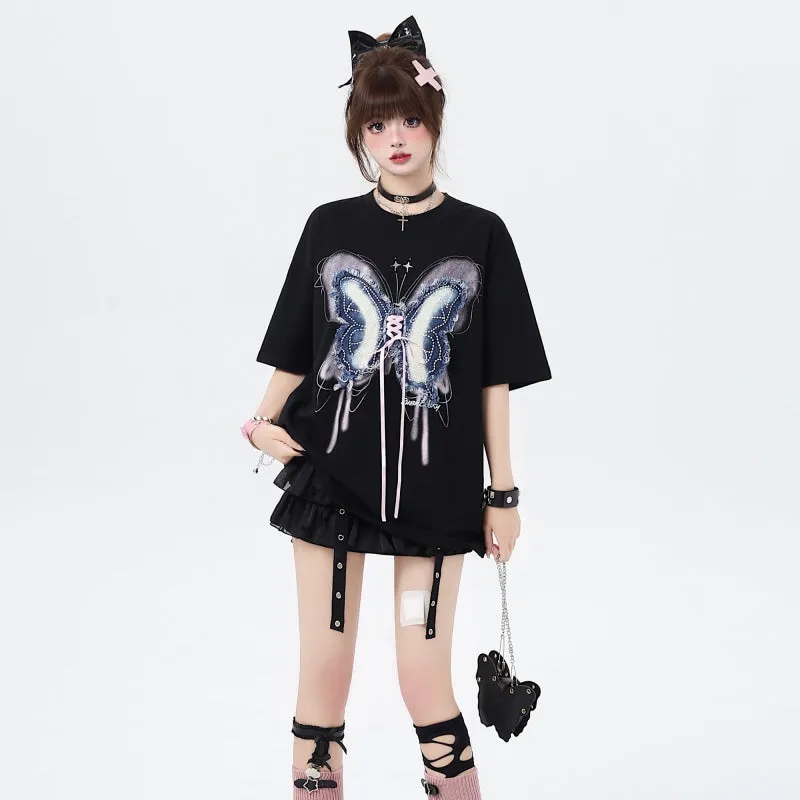 American Sweet Cool Girl Style Butterfly Patch Loose T-shirt