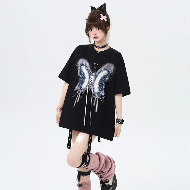 American Sweet Cool Girl Style Butterfly Patch Loose T-shirt