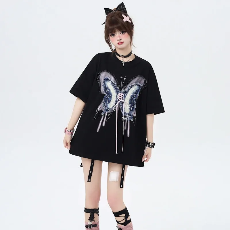 American Sweet Cool Girl Style Butterfly Patch Loose T-shirt