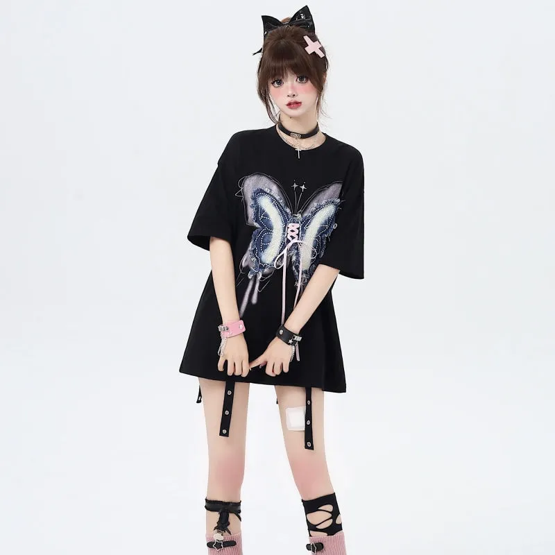 American Sweet Cool Girl Style Butterfly Patch Loose T-shirt