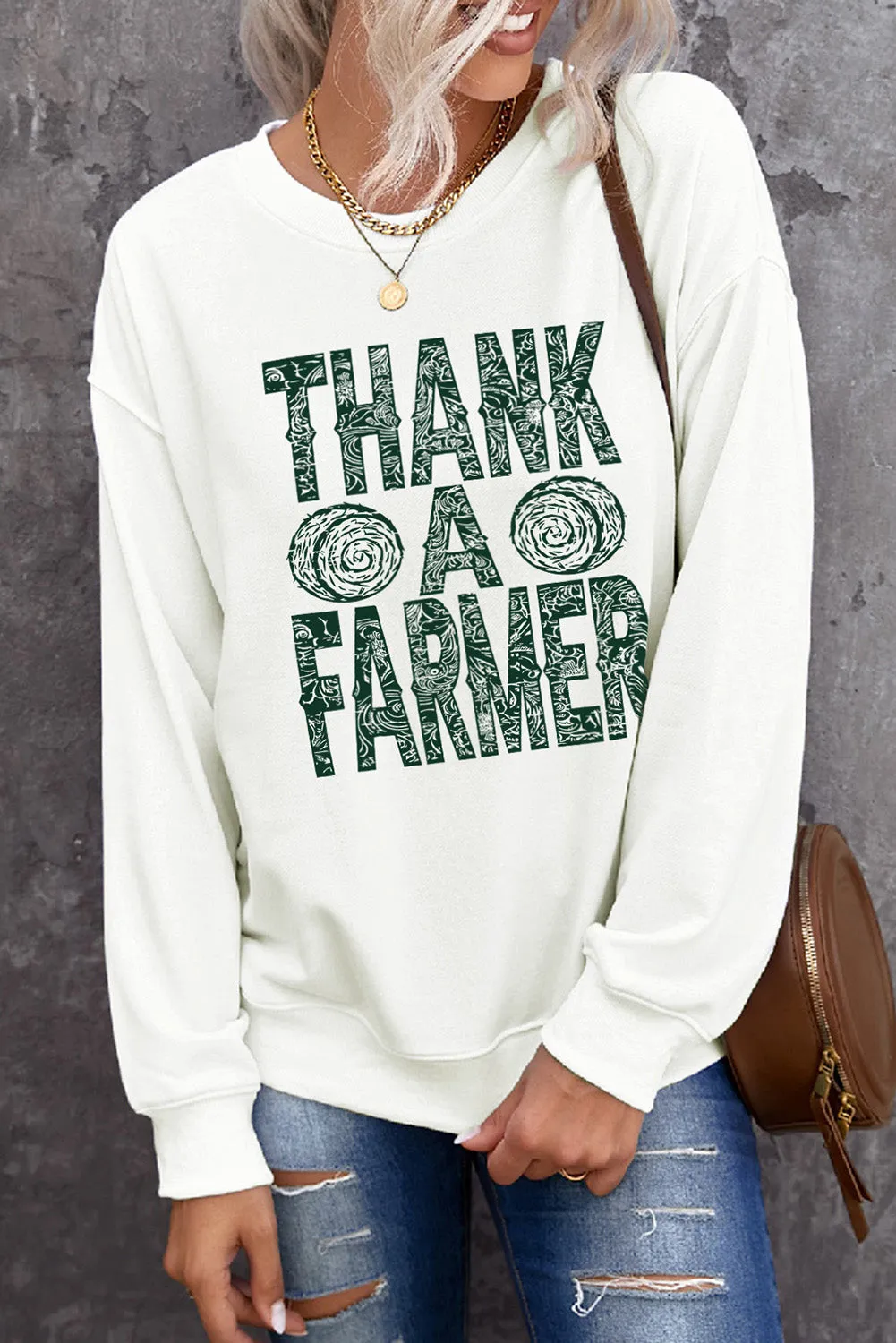 Beige THANK A FARMER Pattern Print Long Sleeve Sweatshirt