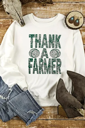 Beige THANK A FARMER Pattern Print Long Sleeve Sweatshirt