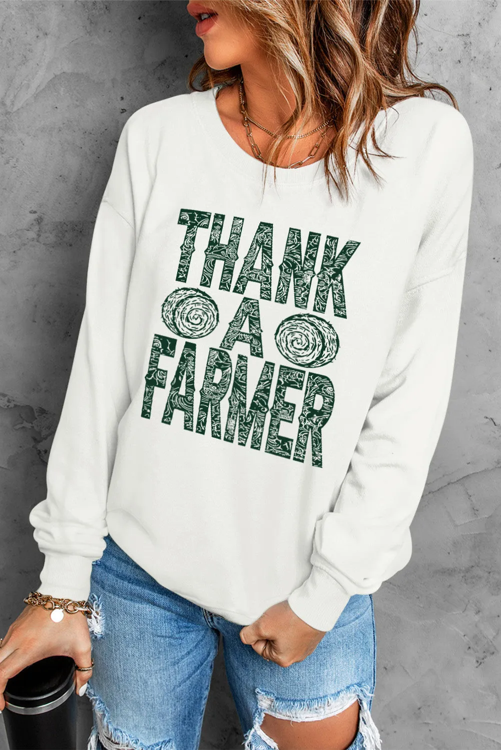 Beige THANK A FARMER Pattern Print Long Sleeve Sweatshirt