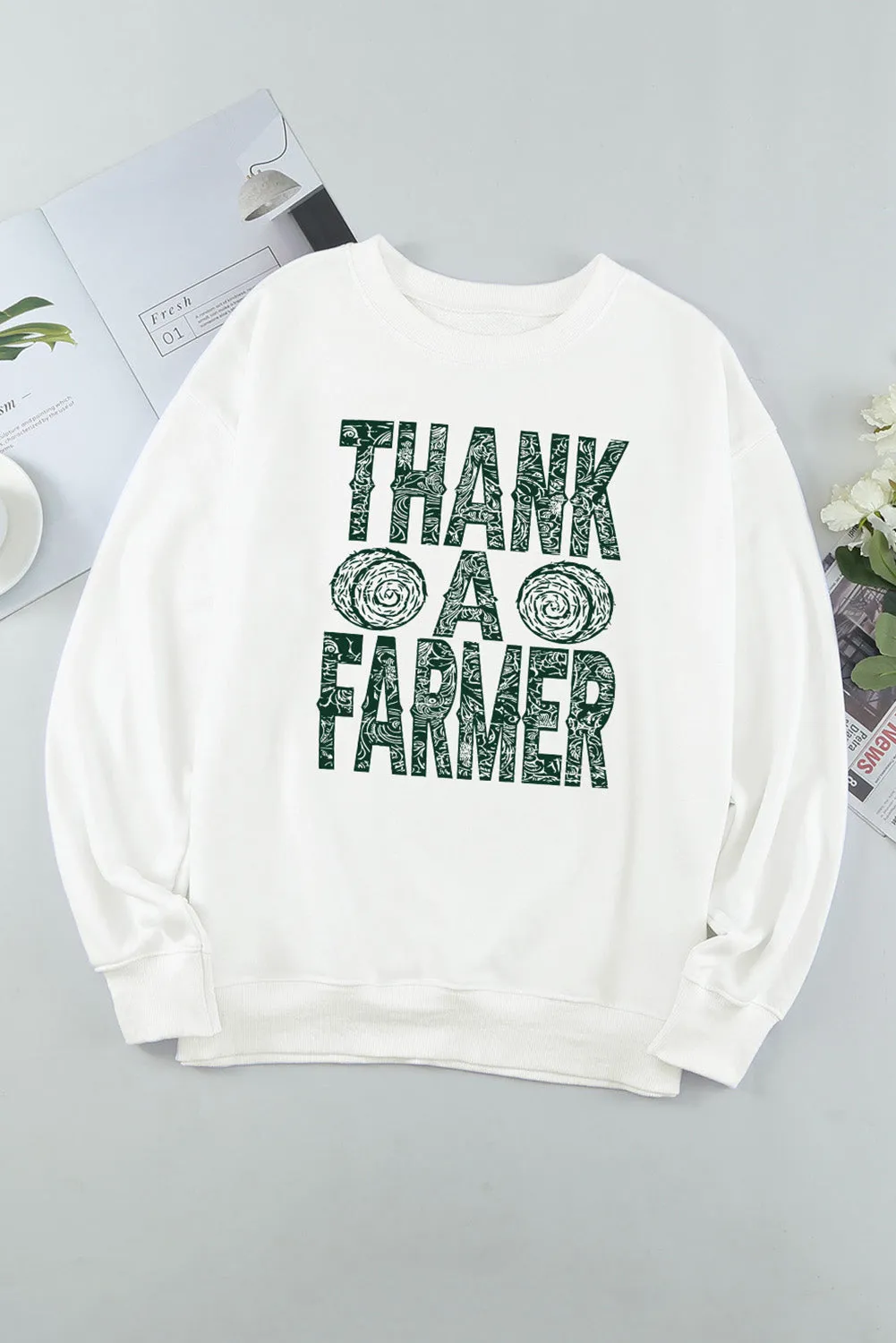 Beige THANK A FARMER Pattern Print Long Sleeve Sweatshirt
