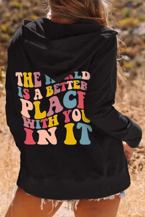 Black Back Colorful Slogan Print Pocketed Henley Hoodie