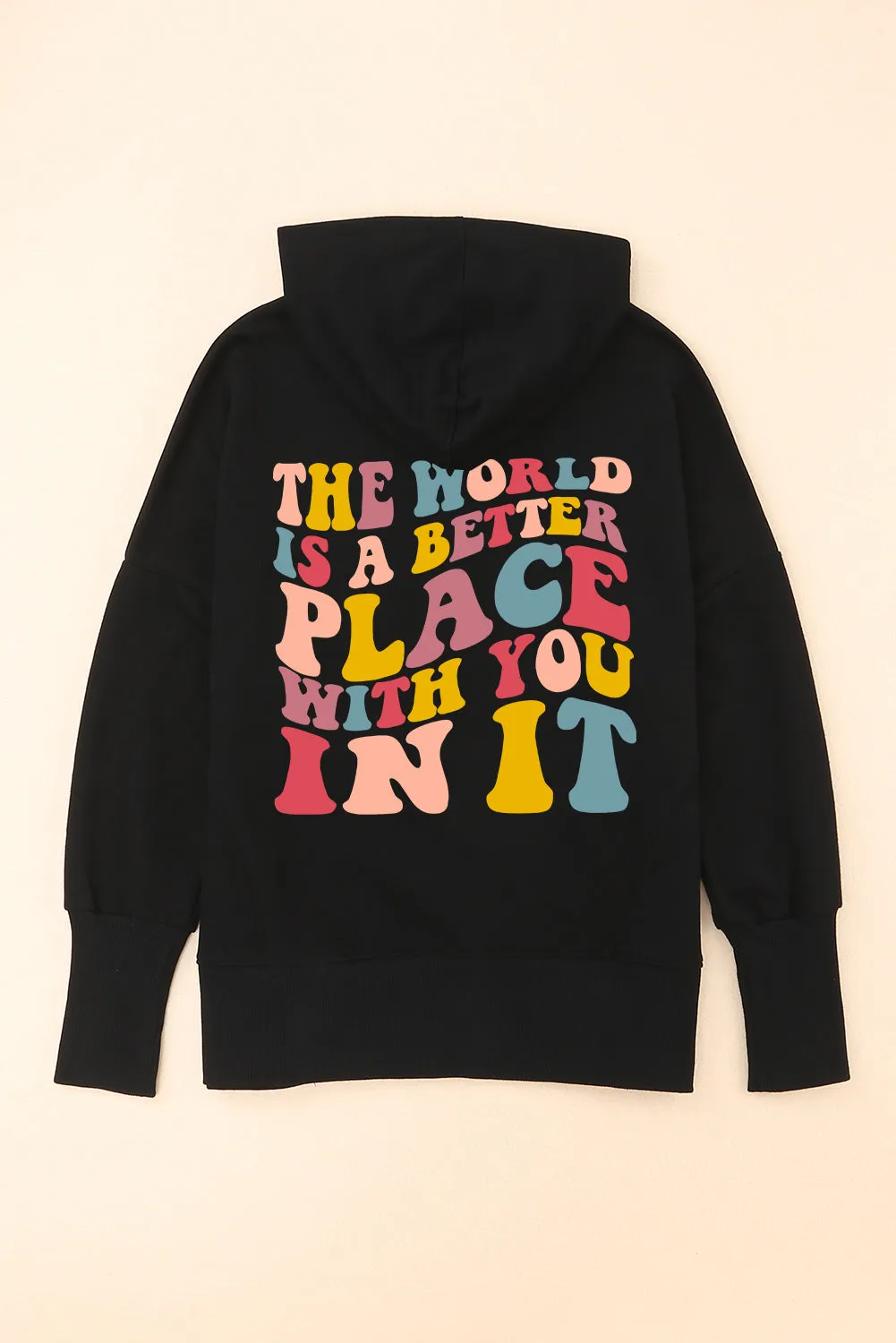 Black Back Colorful Slogan Print Pocketed Henley Hoodie