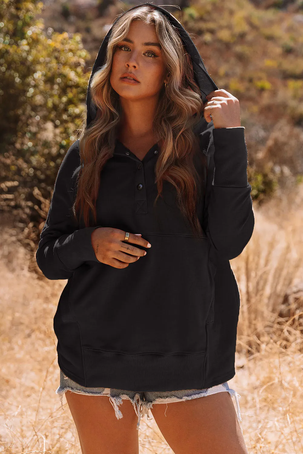 Black Back Colorful Slogan Print Pocketed Henley Hoodie