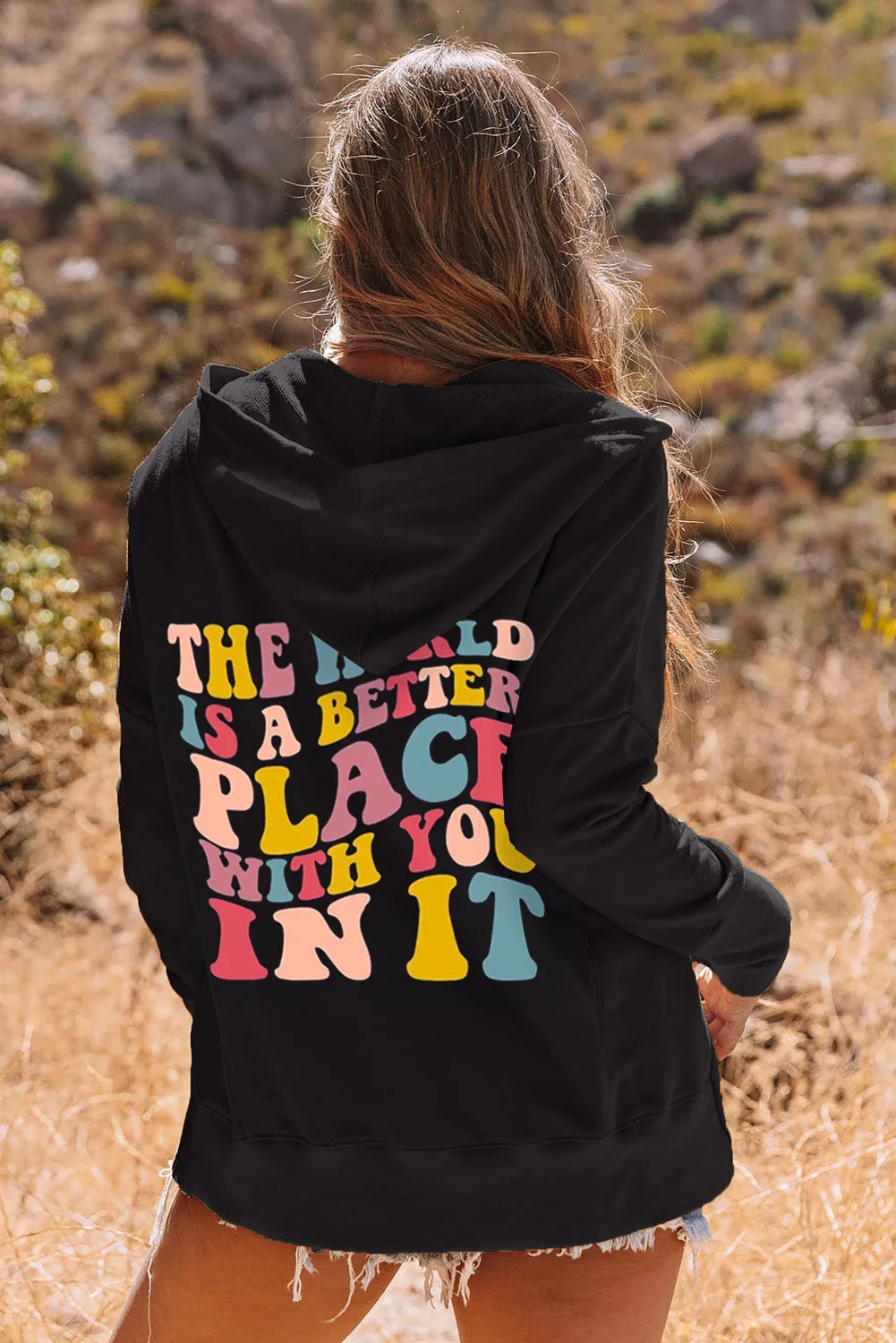 Black Back Colorful Slogan Print Pocketed Henley Hoodie