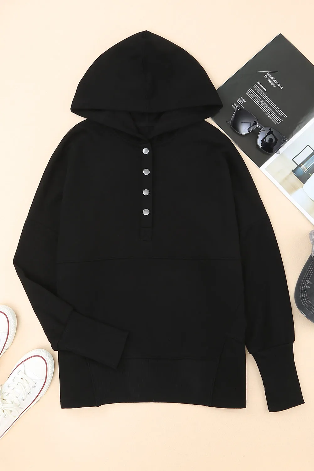 Black Back Colorful Slogan Print Pocketed Henley Hoodie