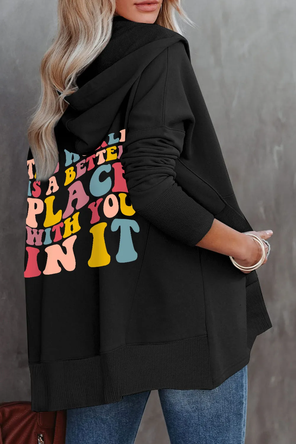 Black Back Colorful Slogan Print Pocketed Henley Hoodie