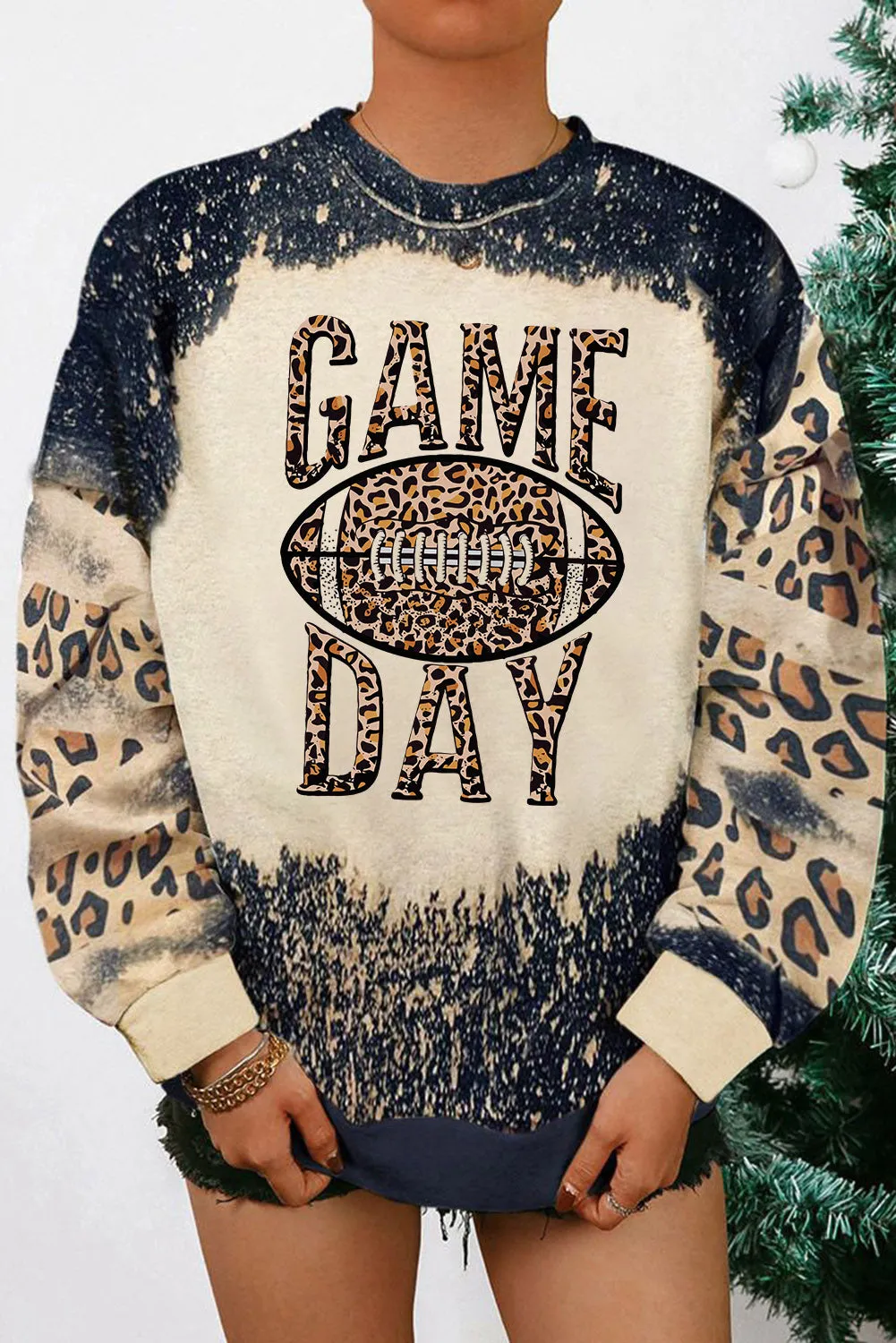 Black GAME DAY Leopard Rugby Print Graphic Sweatshirt