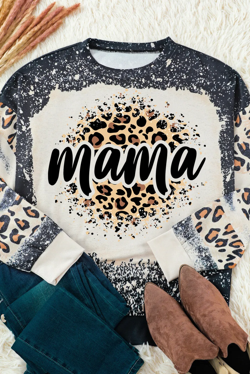 Black mama Leopard Bleached Print Sweatshirt
