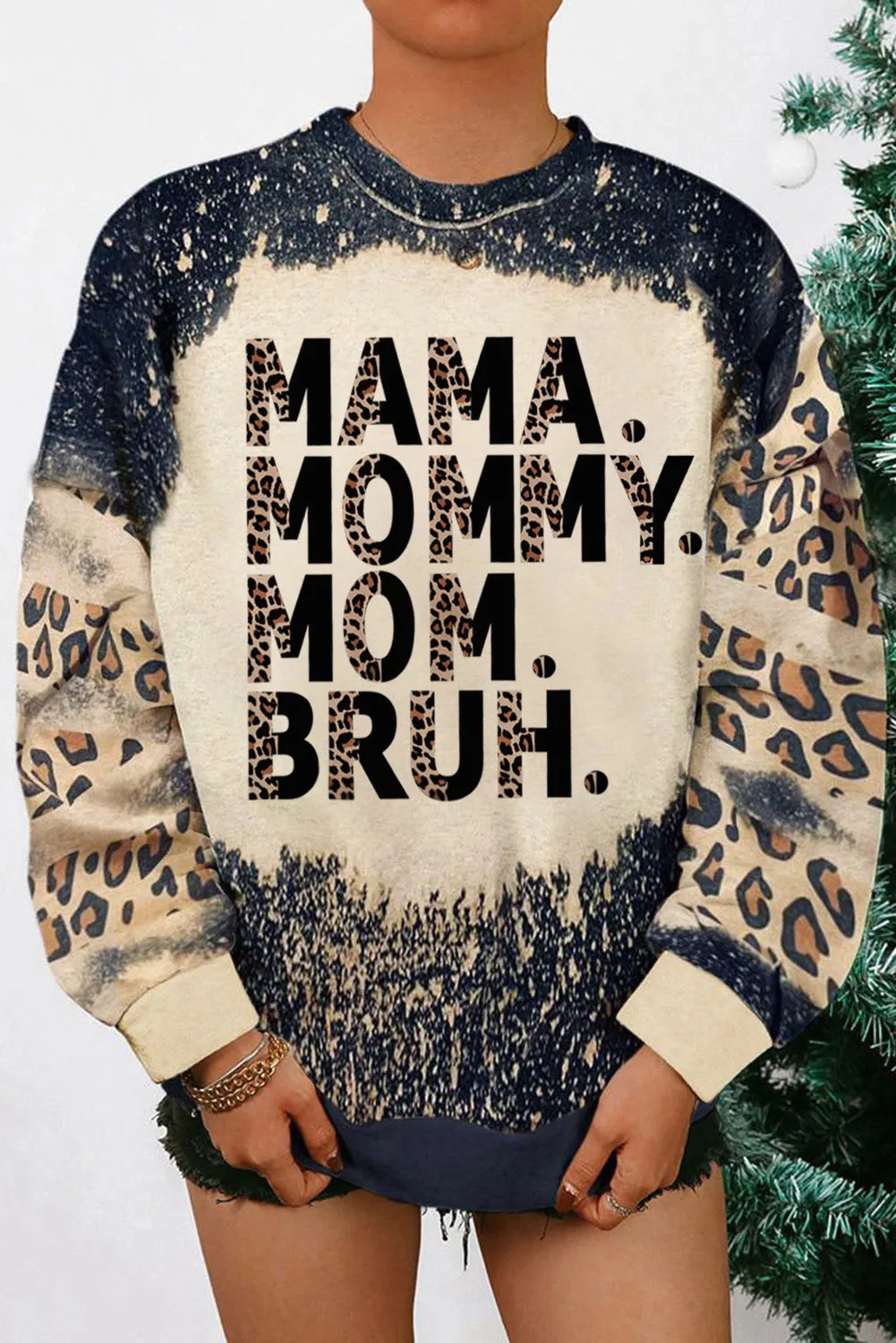 Black MAMA MOMMY MOM BRUH Bleached Tie-dye Pullover Sweatshirt
