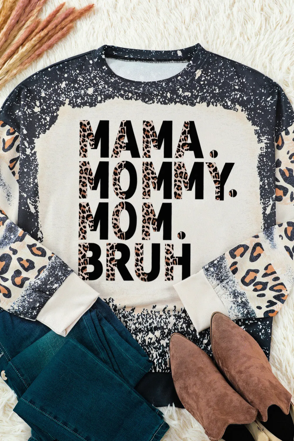 Black MAMA MOMMY MOM BRUH Bleached Tie-dye Pullover Sweatshirt