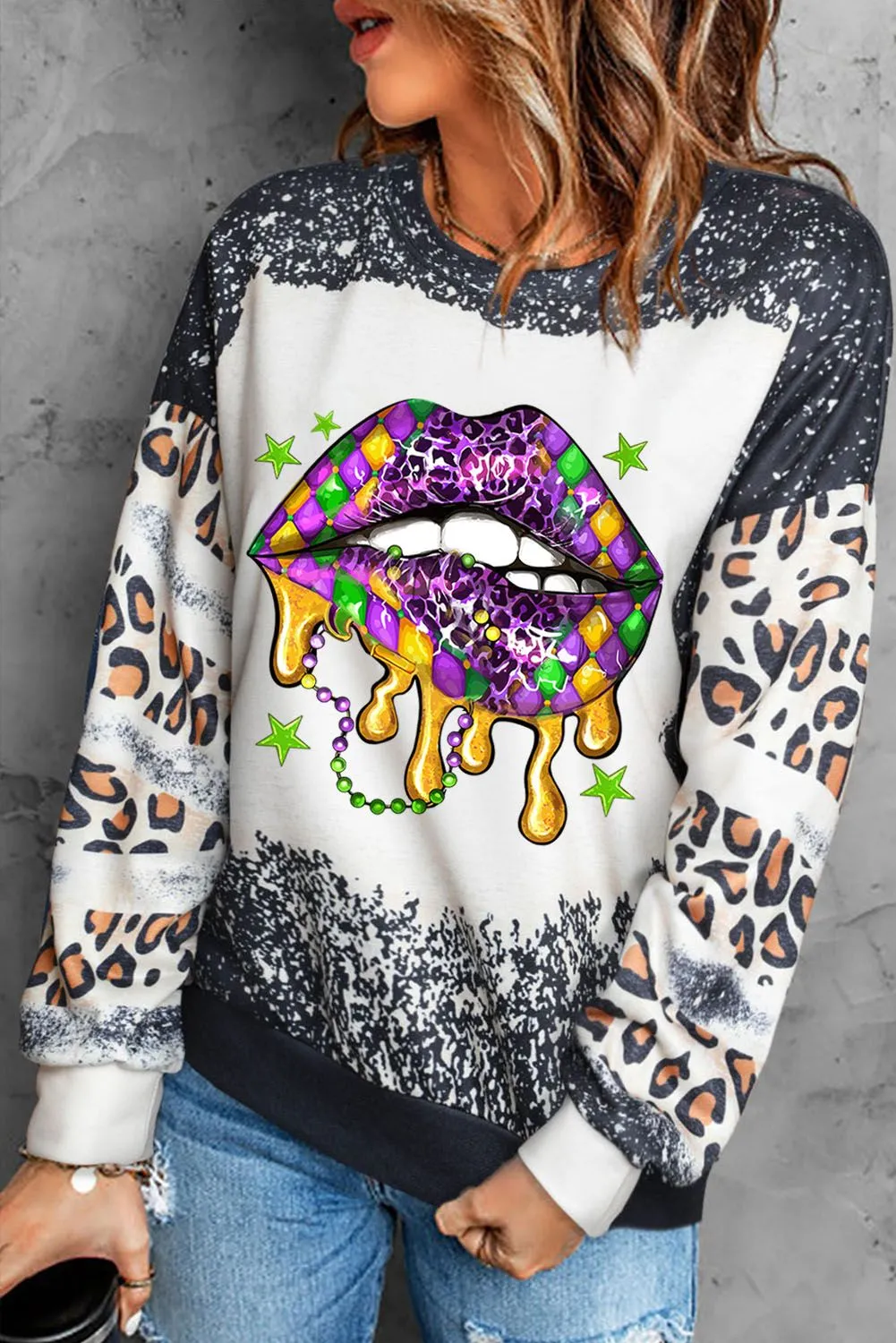 Black Mardi Gras Lip Shaped Leopard Bleached Sweatshirt