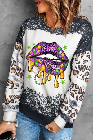 Black Mardi Gras Lip Shaped Leopard Bleached Sweatshirt