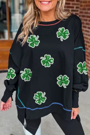 Black Sequin Clover Exposed Seam Split Lantern Sleeve Sweatshirt