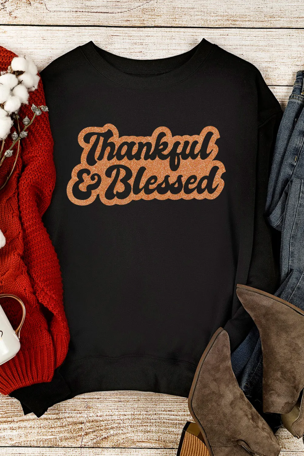 Black Thankful & Blessed Long Sleeve Pullover Sweatshirt